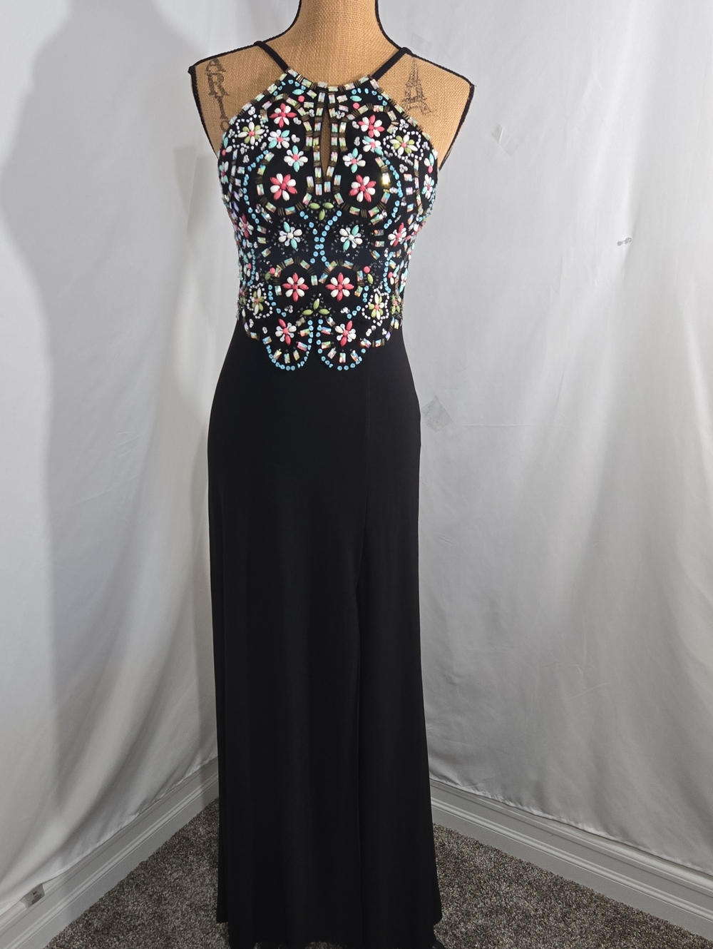 Blondie Nites Black Halter Dress with Multicolor Embellished Bodice